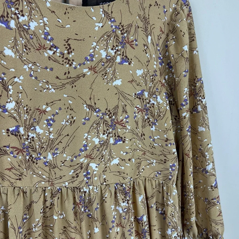 Code‎ Mode Womens Tan Floral Tiered Dress Sz XS Extra Small Cottagecore Natural